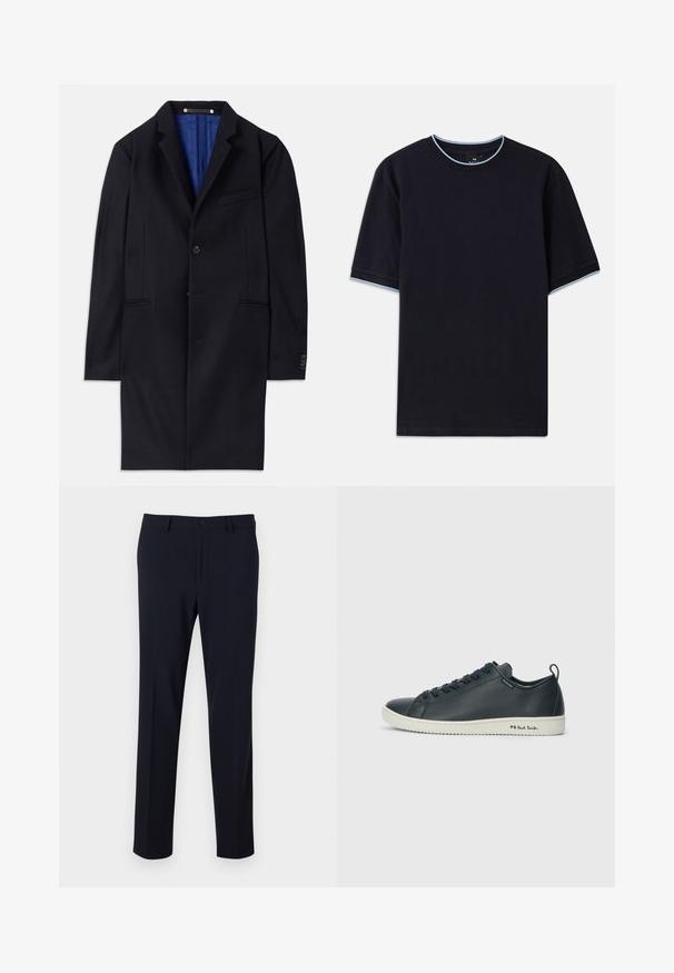 Navy villakangastakki, jossa on yksi nappisolki, lovetut kaulukset ja kaksi sivutaskua. Varustettu sinisellä vuorilla ja vähäisillä ompeluyksityiskohdilla.; T-paita tummansinisestä lyhythihaisesta kankaasta pyöreällä kaula-aukolla, jossa vaaleansininen yksityiskohta kauluksessa ja hihoissa. Valmistettu pehmeästä puuvillakankaasta.; Tummansinisiä housuja, joissa on sileä pinta, suora lahjesuunnittelu, nappisulku ja etutaskut; suunniteltu istuvaksi.; Tummansininen nahkakengät, joissa on sileä pinta, pyöristetty varvas, kuusi nauhakujaa ja kontrastivärinen valkoinen kumipohja. Sivussa on brändäys.