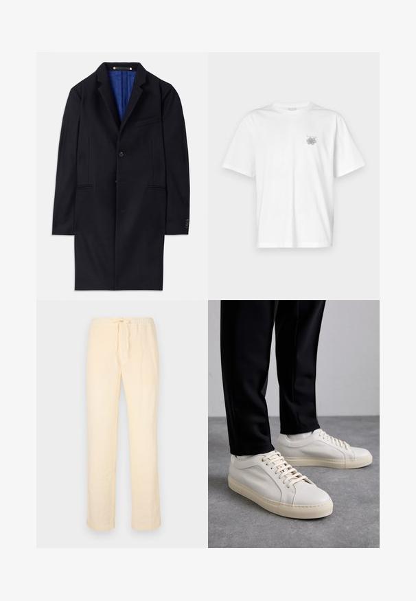 Mornarski vuni kaput s jednim dugmetom, s izrezanim reverima i dva bočna džepa. Ima plavu unutrašnju podstavu i minimalne detalje šivanja.; Bijela majica od pamuka s kratkim rukavima, okruglim izrezom i malim sivim logotipom na lijevoj strani prsnog područja. Glatka tekstura.; Svijetložute, široke hlače izrađene od mekog materijala, s elastičnim pojasom koji ima vezicu i ravnim nogavicama.; Svijetlosmeđi kožni tenisice s ravnim vezicama, teksturiranom površinom i kontrastnom kremasto bijelom gumom potplatom, uparene s crnim suženim hlačama.