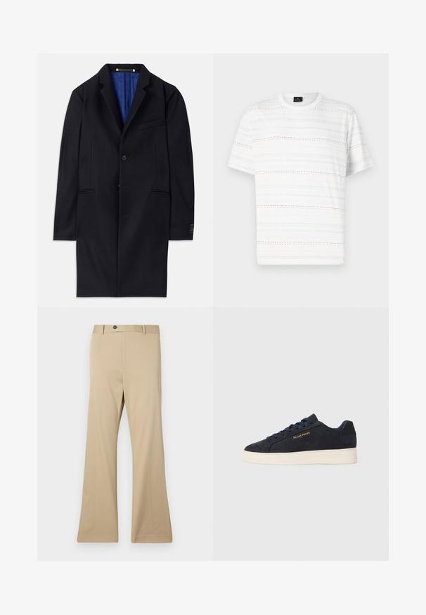 Marineblauwe wol overjas met een enkele knoopsluiting, ingeknipte revers en twee zijzakken. Voorzien van een blauwe binnenvoering en minimale stikdetails.; Witte T-shirt met korte mouwen, voorzien van horizontale stippellijnen in lichtblauw, roze en zwart. Klassiek crew neck ontwerp.; Beige flarebroek van een zachte stof. Heeft een knoopsluiting, zijzakken en een getailleerde pasvorm bij de heupen, die uitloopt in een brede pijp.; Navyblauwe suède lage sneakers met een witte zool, navy veters en het 'Filling Pieces' logo in goud op de zijkant.