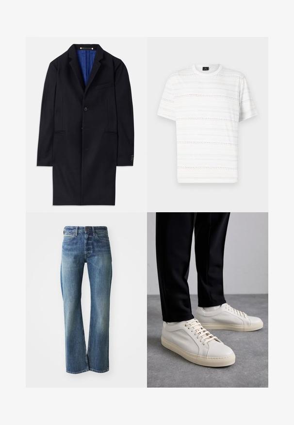 Jūras zila vilnas mētelis ar vienu pogu, ar iegrieztiem atlokiem un divām sānu kabatām. Tam ir zils iekšpuss un minimālas šuvju detaļas.; Balta T-kreklu ar īsām piedurknēm, ar horizontālām punktētām līnijām gaismā zilā, rozā un melnā krāsā. Klasiska apļa kakla dizains.; Džinsi no denima ar gaiši līdz vidēji zilu krāsu, taisnu kāju griezumu, klasisku piecu kabatu dizainu un vieglu izbalēšanu priekšpusē.; Gai beige ādas kedas ar plakaniem šņorēm, teksturētu virsmu un kontrastējošu krēmkrāsas gumijas zoli, apvienotas ar melniem pieguļošiem biksēm.