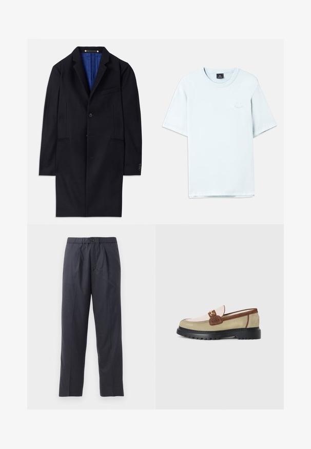 Jūras zila vilnas mētelis ar vienu pogu, ar iegrieztiem atlokiem un divām sānu kabatām. Tam ir zils iekšpuss un minimālas šuvju detaļas.; Gaiši zils kokvilnas T-krekls ar īsām piedurknēm, apaļu izgriezumu un mazu logotipu gaišākā drukā uz krūšu daļas. Gluda tekstūra, regulāra piegriezuma.; Tumši tumši zili bikses, kas izgatavotas no mīksta auduma ar krokām priekšpusē un elastīgu jostasvietu. Iespējama pogas aizdare un taisna kāju griezums.; Loferi ar beigu, gaiši rozā un brūnu zamšu paneļiem, zelta metāla sprādze, kā arī bieza melna gumijas zole ar protektora rakstu.