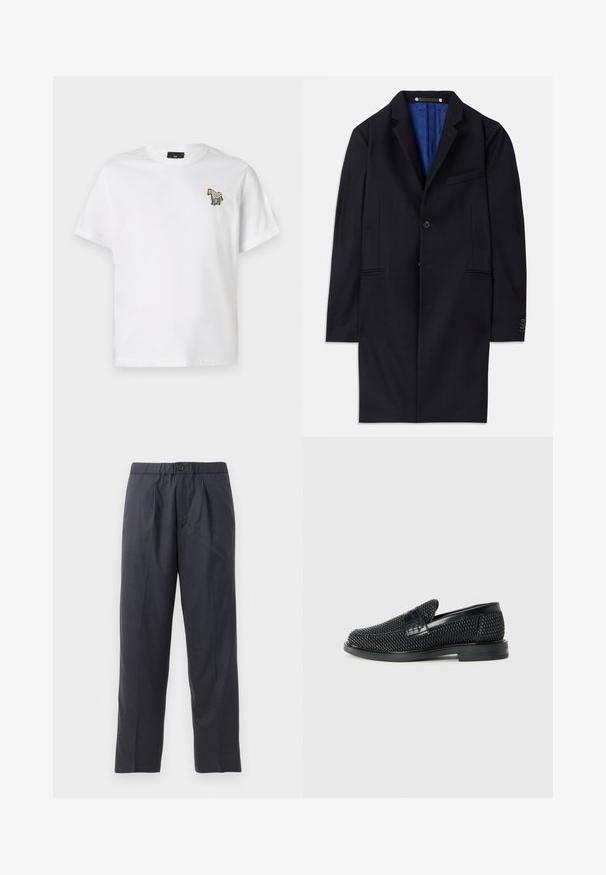 Jūrinės vilnos paltas su vieno mygtuko uždarymu, notch tipo apykakle ir dviem šoninėmis kišenėmis. Yra mėlynas pamušalas ir minimalūs siuvimo detalės.; Balta medvilnė marškinėliai su apvaliu kaklu ir trumpomis rankovėmis. Puošia juodai, baltai, geltonai ir žaliai siuvinėta zebro dizaino detalė.; Tamsiai mėlynos kelnės, pagamintos iš švelnios medžiagos, su klostėtu priekiu ir elastingu juosmeniu. Yra mygtuko užtrauktukas ir tiesios išklikimo pjūvis.; Juodas pintas slip-on tipo batelis su lygiu odiniu akcentu viršuje, apvalios nosies dizainas ir žemas guminis padas.