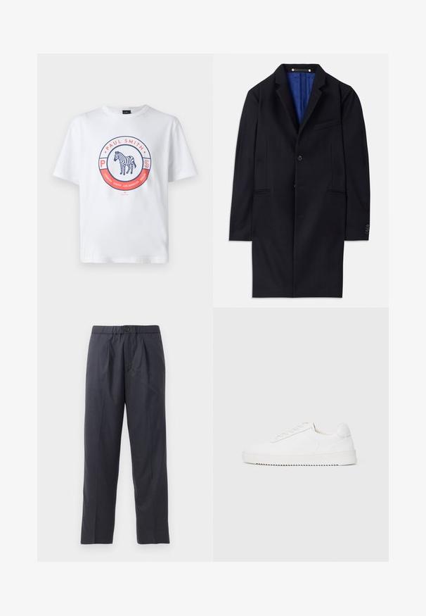 Tumesinine villane ülerõivas ühe nööbiga kinnituse, nurgeliste krae ja kahe küljetaskuga. Omab sinist voodrit ja minimaalset õmblusdetaili.; Valge puuvillane T-särk, millel on ümmargune graafika. Keskendatud disain sisaldab teksti "Paul Smith" ja ringi sees illustreeritud sebra.; Tumed sinised püksid pehmest kangast, mille esiosal on volditud disain ja elastne vöökoht. Varustatud nupuga sulgemisega ja sirge lõikega.; Valge jooksutoss, millel on siledast nahast ülemine osa, ümmargune nina, paelad, tekstuuriga küljeaktsendid ja paks kummitald. Minimalistlik disain.