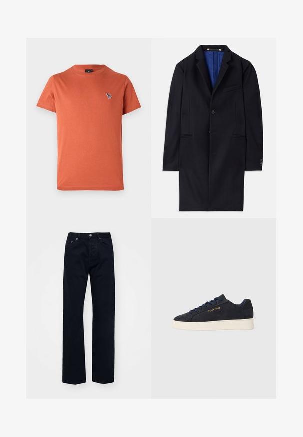 Tengeri gyapjú klasszikus kabát egy gombos záródással, kerekített hajtókákkal és két oldalsó zsebbel. Kék belső bélése van, és minimális varrási részletekkel rendelkezik.; Narancssárga pamut póló rövid ujjakkal, kerek nyakkal és egy kis, színes hímzett mintával a bal mellrészen.; Fekete farmernadrág egyenes szárvágással, gombos és cipzáros záródással, öt zsebbel és tónusos varrással.; Sötétkék velúr, alacsony szárú teniszcipő fehér talppal, sötétkék fűzőkkel és arany színű "Filling Pieces" logóval az oldalán.