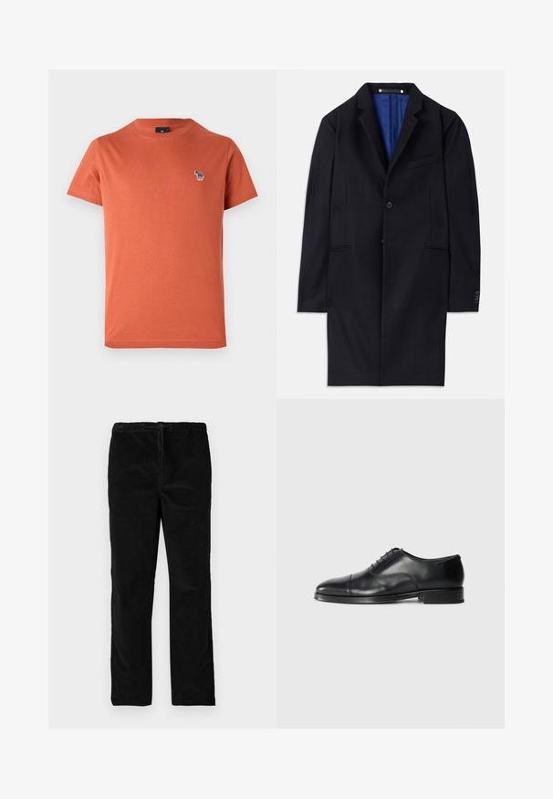 Cappotto di lana blu navy con chiusura a un bottone, revers a banda e due tasche laterali. Presenta una fodera interna blu e dettagli di cucitura minimali.; T-shirt arancione in cotone con maniche corte, collo rotondo e un piccolo design ricamato multicolore sul lato sinistro del petto.; Pantaloni neri in velluto a gamba dritta con vita elastica e cordoncino anteriore, esposti su uno sfondo bianco uniforme.; Scarpa da uomo in pelle nera con punta arrotondata, texture liscia, design con lacci e un delicato dettaglio di cucitura, caratterizzata da un tacco basso e piatto.