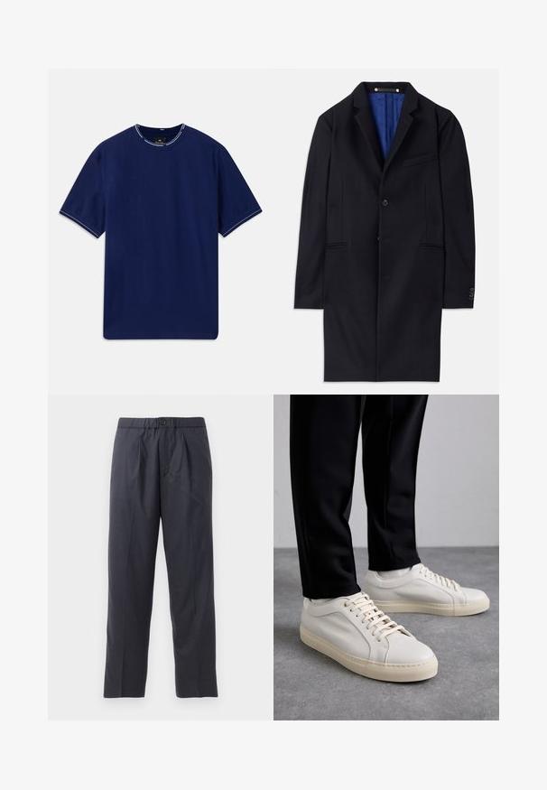 Jūrinės vilnos paltas su vieno mygtuko uždarymu, notch tipo apykakle ir dviem šoninėmis kišenėmis. Yra mėlynas pamušalas ir minimalūs siuvimo detalės.; Tamsiai mėlyna medvilninė marškinėliai trumpomis rankovėmis, apvaliu kaklu, su baltais siūlėmis ant apykaklės ir rankovių kraštų. Lygi tekstūra.; Tamsiai mėlynos kelnės, pagamintos iš švelnios medžiagos, su klostėtu priekiu ir elastingu juosmeniu. Yra mygtuko užtrauktukas ir tiesios išklikimo pjūvis.; Šviesūs smėlio spalvos odiniai sportbačiai su plokščiomis raišteliais, tekstūruotu paviršiumi ir kontrastinga kreminės spalvos gumine padu, derinami su juodomis siaurėjančiomis kelnėmis.