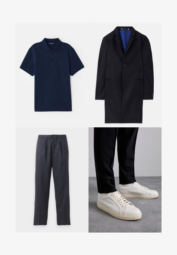Tengeri gyapjú klasszikus kabát egy gombos záródással, kerekített hajtókákkal és két oldalsó zsebbel. Kék belső bélése van, és minimális varrási részletekkel rendelkezik.; Sötétkék pamutkeverék polo póló, klasszikus gallérral, három gombos sliccsel és rövid ujjakkal. Diszkrét logó a mellkason.; Sötét tengerészkék nadrág, puha anyagból, plissézett elejű kialakítással és gumis derékkal. Gombos záródással és egyenes szárú szabással rendelkezik.; Világos bézs bőr sportcipő lapos fűzőkkel, texturált felülettel és kontrasztos krémszínű gumitalppal, fekete irodai nadrággal párosítva.