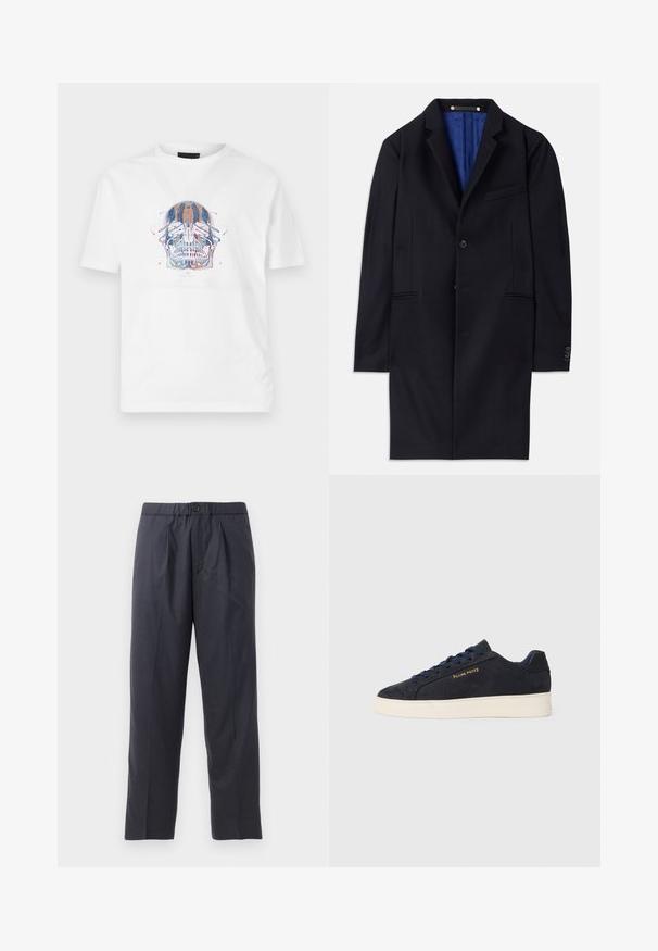 Jūrinės vilnos paltas su vieno mygtuko uždarymu, notch tipo apykakle ir dviem šoninėmis kišenėmis. Yra mėlynas pamušalas ir minimalūs siuvimo detalės.; Balta medvilninė marškinėliai su išsamiu kaukolės grafiniu piešiniu mėlynos, oranžinės ir raudonos spalvų atspalvių. Standartinis apvalus iškirpimas ir trumpomis rankovėmis.; Tamsiai mėlynos kelnės, pagamintos iš švelnios medžiagos, su klostėtu priekiu ir elastingu juosmeniu. Yra mygtuko užtrauktukas ir tiesios išklikimo pjūvis.; Tamsiai mėlynos zomšos žemos batai su balta siaura, tamsiai mėlynais raišteliais ir auksiniu logotipu „Filling Pieces“ šone.