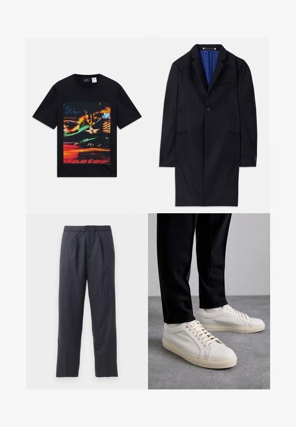 Jūrinės vilnos paltas su vieno mygtuko uždarymu, notch tipo apykakle ir dviem šoninėmis kišenėmis. Yra mėlynas pamušalas ir minimalūs siuvimo detalės.; Juoda trumpa rankovė marškinėliai su spalvinga neryškių neoninių šviesų grafika, įskaitant žvaigždę su skaičiumi vienas ir daline raudona tekstu "greičiau".; Tamsiai mėlynos kelnės, pagamintos iš švelnios medžiagos, su klostėtu priekiu ir elastingu juosmeniu. Yra mygtuko užtrauktukas ir tiesios išklikimo pjūvis.; Šviesūs smėlio spalvos odiniai sportbačiai su plokščiomis raišteliais, tekstūruotu paviršiumi ir kontrastinga kreminės spalvos gumine padu, derinami su juodomis siaurėjančiomis kelnėmis.