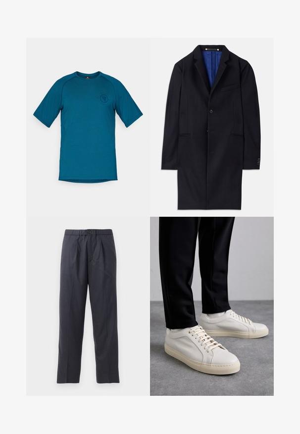 Mornarski vuni kaput s jednim dugmetom, s izrezanim reverima i dva bočna džepa. Ima plavu unutrašnju podstavu i minimalne detalje šivanja.; Tirkizna majica kratkih rukava napravljena od glatkog materijala. Ima okrugli izrez i logo na lijevoj strani grudi. Općenito jednostavan dizajn.; Tamno plave hlače od mekanog materijala s plićim prednjim dijelom i elastičnim pojasom. Imaju zatvaranje na gumb i ravno krojenje.; Svijetlosmeđi kožni tenisice s ravnim vezicama, teksturiranom površinom i kontrastnom kremasto bijelom gumom potplatom, uparene s crnim suženim hlačama.
