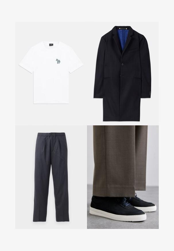 Námornícky vlnený kabát s jedným gombíkom, so špicatými klopami a dvoma bočnými vreckami. Má modrú podšívku a minimálne švy.; Biele tričko s krátkym rukávom a okrúhlym výstrihom s malou tmavou zebrą na ľavej hrudi a čiernym štítkom vo vnútri goliera.; Tmavomodré nohavice vyrobené z mäkkej tkaniny s plisovaným predným dizajnom a elastickým pásom. Obsahujú zapínanie na gombík a strih s priamymi nohavicami.; Čierne semišové tenisky s bielymi gumovými podrážkami, s okrúhlym prstom a šnúrkami, nosené s šedými vypracovanými nohavicami.