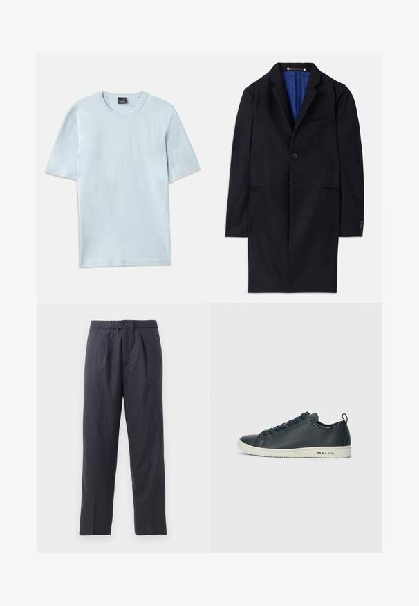 Námornícky vlnený kabát s jedným gombíkom, so špicatými klopami a dvoma bočnými vreckami. Má modrú podšívku a minimálne švy.; Svetlomodré bavlnené tričko s okrúhlym výstrihom a krátkymi rukávmi. Tkanina má hladkú textúru a uvoľnený strih.; Tmavomodré nohavice vyrobené z mäkkej tkaniny s plisovaným predným dizajnom a elastickým pásom. Obsahujú zapínanie na gombík a strih s priamymi nohavicami.; Tmavomodré kožené tenisky s hladkým povrchom, zaoblenou špičkou, šiestimi očkami na šnurovanie a kontrastnou bielou gumovou podrážkou. Na strane sa nachádza značka.