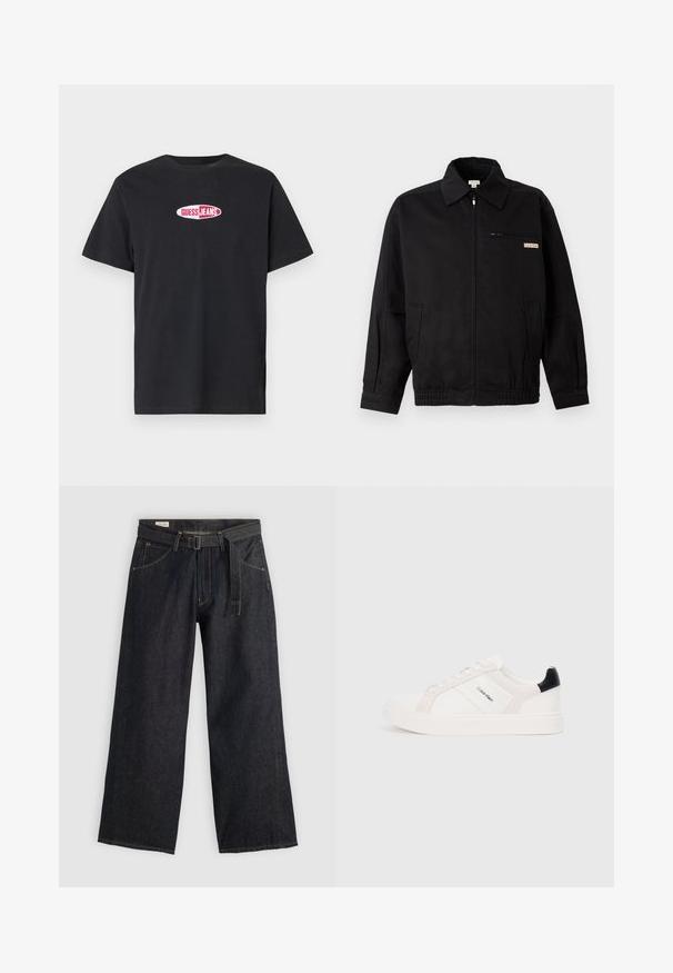 Calvin Klein Jeans JACKET - Casaco de verão - black; T-shirt preta de algodão com mangas curtas, com um logótipo oval branco que diz "GUESS JEANS" em letras vermelhas no peito.; Calças largas de denim escuro com cintura cingida, apresentando bolsos frontais e costuras contrastantes. Textura suave com um design limpo.; Sapatilhas brancas com detalhes em rosa claro e preto, apresentando painéis de couro liso e camurça, biqueira redonda e sola de borracha plana.