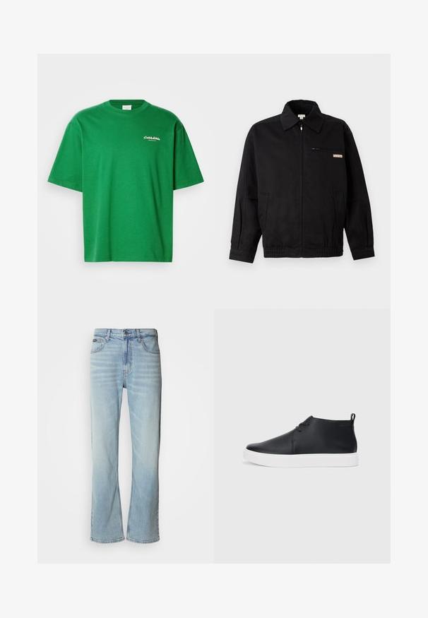 Calvin Klein Jeans JACKET - Suvejakk - black; Roheline puuvillane T-särk, millel on mugav lõige, lühikesed varrukad ja ümar kaelus. Esiosas on väike valge logo.; Heledad sinised teksad sirge lõikega, mis sisaldavad viit taskut, nööbiga sulgemise ja kergelt kulunud ilmega kangast.; Mustmust mustatooted, millel on sile nahk, valge kummist tald ja lihtne nööridega kinnitamine. Tagaküljel on tõmbeosadega.