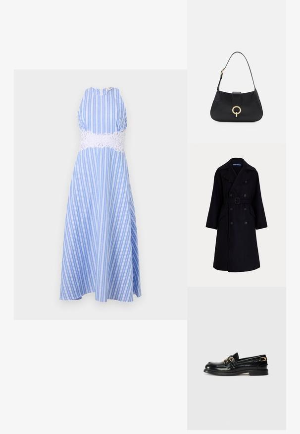 Palton dublu din lână galben închis, cu guler larg, mâneci lungi, buzunare laterale și un buncăre la talie.; sandro ROBE - Rochie de zi - bleu/blanc; Loafers din piele neagră cu un finisaj lucios, având două catarame aurii și un toc jos. Textură netedă cu un design cu vârf rotund.; Geantă din piele neagră cu o silueta curbată, curea scurtă, accesorii centrala de nuanță aurie și textură netedă. Fără modele sau accente vizibile.