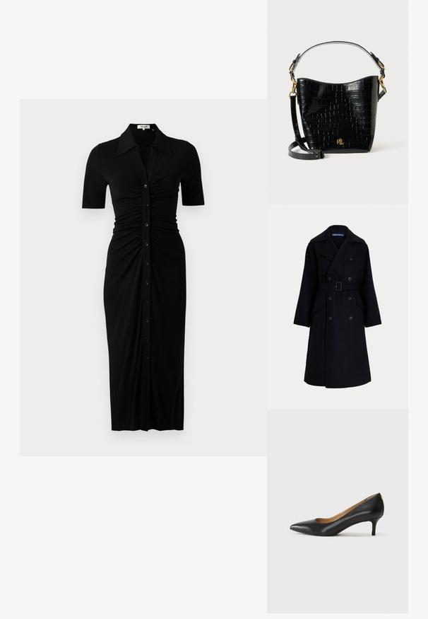 Dark navy wool double-breasted trench coat with wide lapels, long sleeves, side pockets, and a belt at the waist.; Black dress with short sleeves, button front, and ruched detailing. Made of smooth fabric, knee-length with a fitted silhouette.; Black leather pump with a pointed toe, low heel, and a smooth texture. Features a slight opening at the front and minimal hardware at the back.; Black croc-embossed leather bag with a curved shape, gold hardware accents, an adjustable strap, and a logo detail at the front.