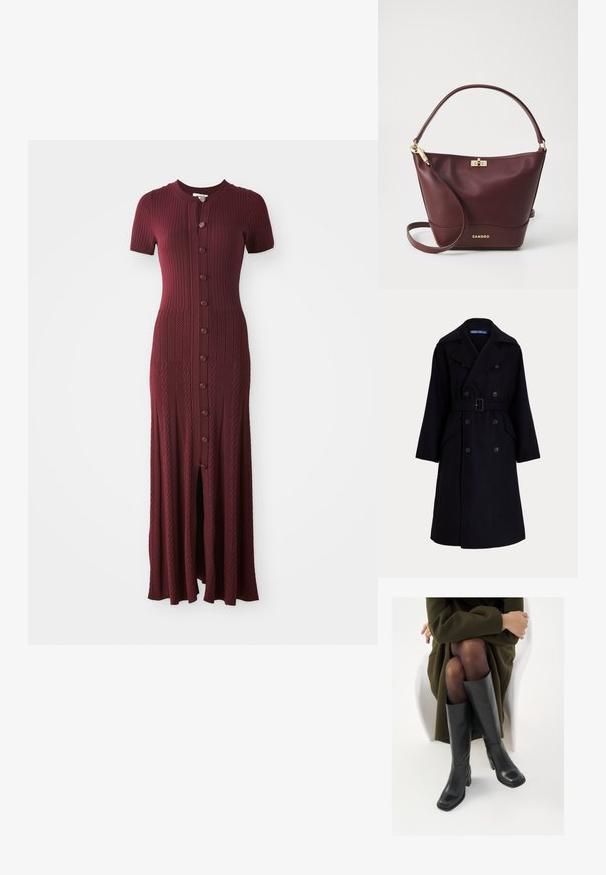Palton dublu din lână galben închis, cu guler larg, mâneci lungi, buzunare laterale și un buncăre la talie.; Rochie maxi ribbed burgundy cu mâneci scurte, decolteu rotund și deschidere cu nasturi. Include o fanta centrală și un model texturat.; Cizme din piele neagră, până la genunchi, cu vârf pătrat și toc bloc, prezentate pe un model așezat într-o haină verde măsline. Textură netedă, detalii minime.; Geantă din piele burgundy cu o formă structurată, o bază plată, un mâner rotund și ferronerie aurie, având un închizător și detalii de logo.