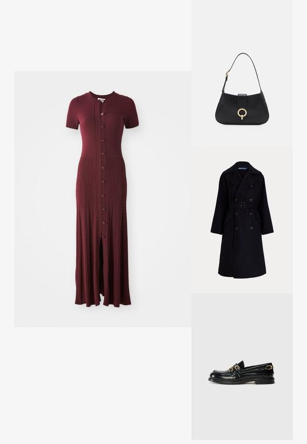 Trench coat doppiopetto in lana di un blu scuro, con ampi revers, maniche lunghe, tasche laterali e una cintura in vita.; Abito maxi bordeaux a coste con maniche corte, scollatura rotonda e patta di bottoni sul davanti. Presenta uno spacco centrale e un motivo testurizzato.; Mocassini neri in pelle con finitura lucida, dotati di due fibbie dorate e tacco basso. Texture liscia con design a punta arrotondata.; Borsa a tracolla in pelle nera con silhouette curva, manico corto, hardware centrale in tonalità oro e texture liscia. Nessun motivo o dettaglio visibile.