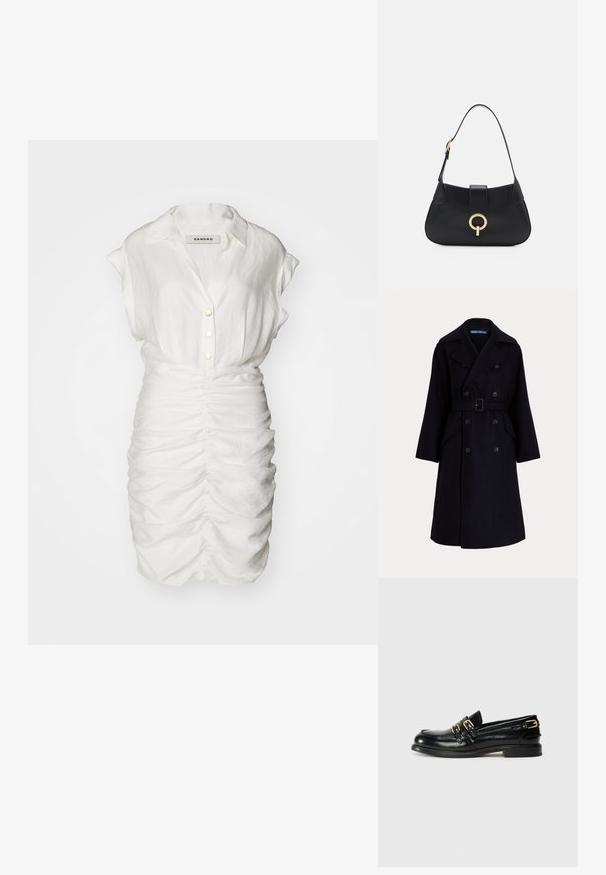 Tamno plavi vune dvostruko zatvoren kaput s širokim reverima, dugim rukavima, bočnim džepovima i remenom u struku.; Bijela košulja haljina kratkih rukava s nabranim teksturom, koja ima ovratnik i dekorativne prednje gumbe za prilagođeni siluetu.; Crne kožne mokasine s sjajnom završnom obradom, s dva zlatna kopčanja i niskim potplatom. Glatka tekstura s dizajnom zaobljenog vrha.; Crna kožna torba s zakrivljenim siluetom, kratkom trakom, središnjim zlatnim hardverom i glatkom teksturom. Nema vidljivih uzoraka ili akcenata.