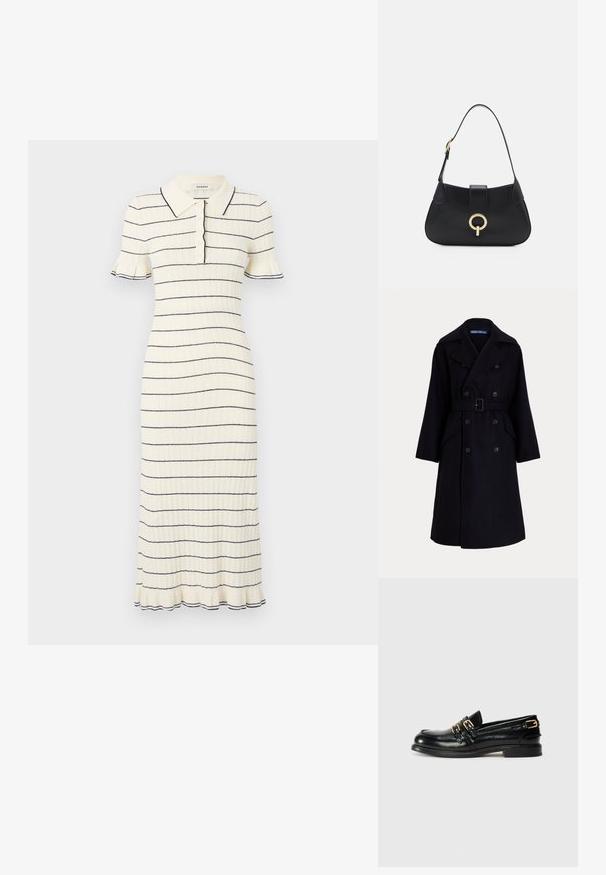 Dunkelblauer Woll-Doppelbreasted-Trenchcoat mit breiten Revers, langen Ärmeln, seitlichen Taschen und einem Gürtel in der Taille.; sandro ROBE MIDI COL POLO FINITIONS FRILL - Freizeitkleid - ecru; Schwarze Lederloafers mit glänzender Oberfläche, ausgestattet mit zwei goldenen Schnallen und einem niedrigen Absatz. Glatte Textur mit abgerundetem Zehendesign.; Schwarze Ledertasche mit einer geschwungenen Silhouette, kurzer Tragriemen, zentralem goldfarbenem Hardware und glatter Textur. Keine sichtbaren Muster oder Akzente.