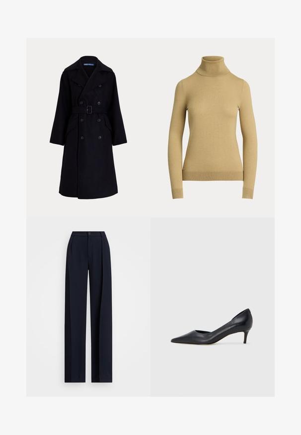 Tmavomodrý vlnený dvojradový trenčkot so širokými klopami, dlhými rukávmi, bočnými vreckami a opaskom v páse.; Sveter s vysokým golierom v svetlej béžovej farbe, vyrobený z hladkej, jemnej pleteniny. Má dlhé rukávy a priliehavý strih so žebrovaným lemom.; Námornícke nohavice s širokými nohavicami a záhybmi, so zapínaním na gombík a hladkou textúrou látky. Navrhnuté pre voľný, pohodlný strih.; Čierny kožený lodička s špičatou špičkou a nízkym opätkom. Má hladkú textúru a jemný lesk. Vpredu je otvorený výrez pre zvýraznenie detailu.