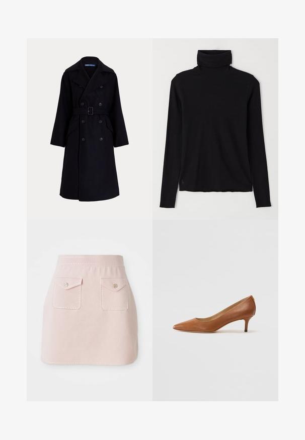 Tmavě námořnický vlněný dvouřadový trenčkot s širokými klopami, dlouhými rukávy, bočními kapsami a páskem v pase.; Černý rolák vyrobený z žebrované tkaniny. Dlouhé rukávy, přiléhavý střih a mírně uvolněný lem bez viditelných vzorů nebo kovových doplňků.; Růžová sukně vyrobená z látky s hladkou texturou. Má dvě přední kapsy s klopovými uzávěry a dekorativní švy podél spodního lemu.; Lauren Ralph Lauren ADRIENNE - Klasické lodičky - deep saddle tan