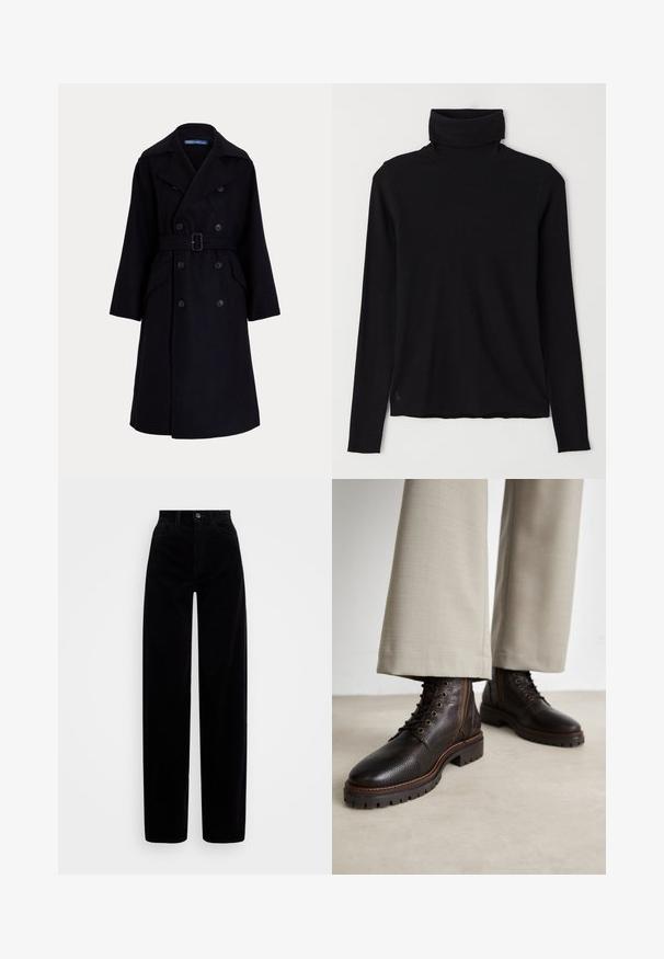Ciemnoniebieski wełniany podwójnie zapinany trencz z szerokimi klapami, długimi rękawami, bocznymi kieszeniami i paskiem w talii.; Czarny sweter typu golf wykonaną z prążkowanej tkaniny. Długie rękawy, dopasowany krój oraz lekko luźny dół, bez widocznych wzorów i elementów metalowych.; Czarne spodnie w pudełkowym kroju z wysokim stanem, szerokimi nogawkami oraz pojedynczym zapięciem na guzik z przodu. Gładka struktura z pionowymi żłobieniami.; Ciemnobrązowe skórzane buty z teksturowanym wykończeniem, z sznurowanym zapięciem, okrągłym noskiem i wytrzymałymi gumowymi podeszwami. Uzupełnione kontrastowym przeszyciem.