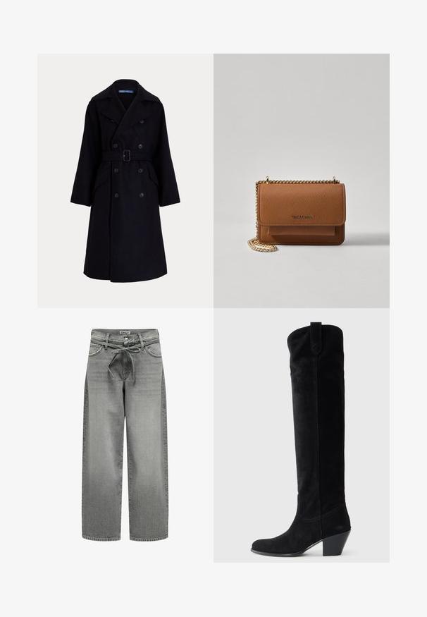 Tmavomodrý vlnený dvojradový trenčkot so širokými klopami, dlhými rukávmi, bočnými vreckami a opaskom v páse.; Čierna roláková mikina z rebrového materiálu. Dlhé rukávy, priliehavý strih a mierne uvoľnený lem bez viditeľných vzorov alebo kovania.; Široké šedé deninové džínsy s pásom na šnúrku a prednými vreckami. Tkanina má miernu textúru a vybledlý vzhľad.; Čierne semišové vysoké čižmy po kolená s zužujúcim sa štvrtkovým podpätkom. Hladký povrch, zaoblená špička a vystúpené švy pozdĺž hornej časti.; Hnedá textúrovaná kožená taška cez telo s zlatým reťazovým popruhom a preklopným uzáverom. Predná strana obsahuje detail s logom a vrecko pod preklopkou.