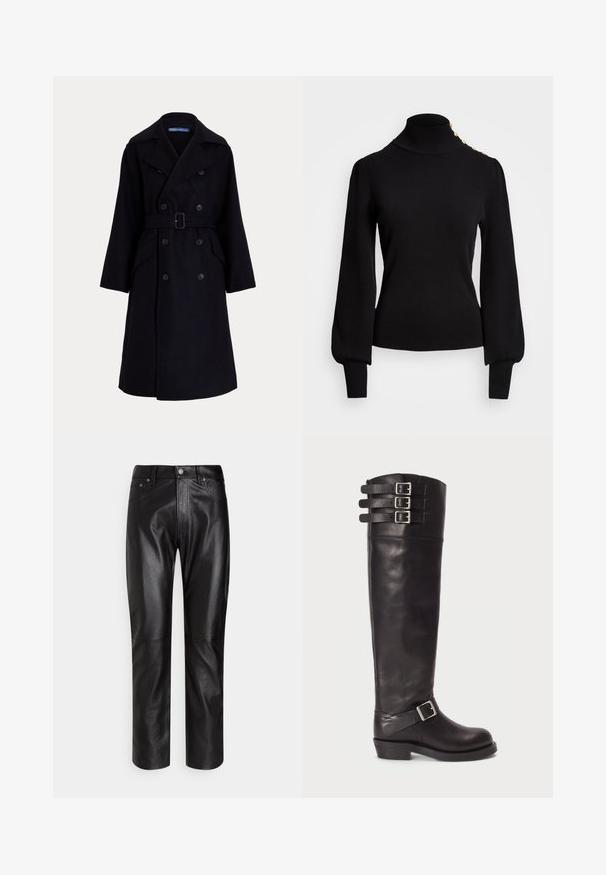Σκούρο ναυτικό μπλε μάλλινο παλτό διπλής όψης με φαρδιές πέτες, μακριά μανίκια, πλαϊνές τσέπες και ζώνη στη μέση.; Μαύρο πουλόβερ με ψηλό λαιμό και ριγωτή υφή, φουσκωτά μανίκια, εφαρμοστό σώμα και χρυσά κουμπιά στις ώμους.; Μαύρο δερμάτινο παντελόνι κανονικής γραμμής με κουμπί και φερμουάρ εμπρός, θηλιές για ζώνη και εμπρόσθιες τσέπες σε λευκό φόντο.; Μαύρη δερμάτινη μπότες μέχρι το γόνατο με στρογγυλή μύτη, τρεις ιμάντες με πόρπες στην κορυφή και λεπτομέρεια με πόρπα στο πλάι. Χαμηλή σόλα και λεία υφή.