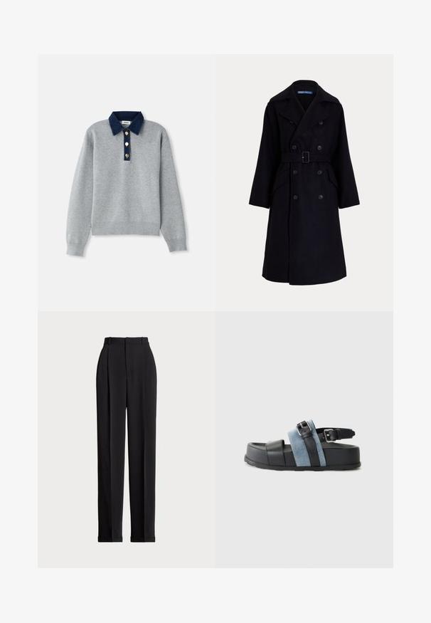 Tmavě námořnický vlněný dvouřadový trenčkot s širokými klopami, dlouhými rukávy, bočními kapsami a páskem v pase.; Šedá mikina s tmavě modrým denimovým límcem, třemi zlatými knoflíky a žebrovanými manžetami. Měkká textura s ležérním designem.; Černé elegantní kalhoty s vysokým pasem, zdobené sklady vpředu, rovný střih nohavic a cuffed lem. Vyrobeno z hladké látky.; Černé a modré sandály s tlustou platformou, vyrobené z kůže a denimu, nastavitelné s přezkou a s otevřenou špičkou.