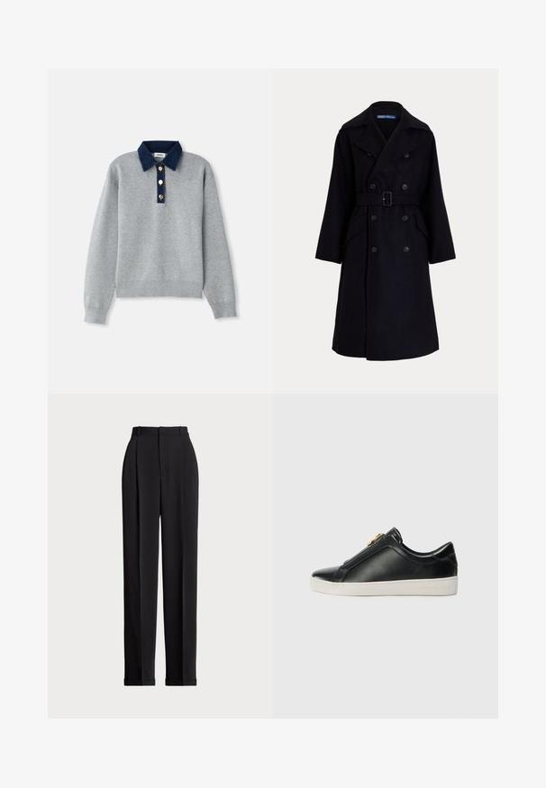 Tumšs jūras zilas vilnas dubultās krūšu mēteli ar plašām atlokām, garām piedurknēm, sānu kabatām un jostu vidukļa daļā.; Pelēks sporta krekls ar tumši zilu džinsu apkakli, trim zeltītām pogām un ribotām piedurknēm. Mīksta tekstūra ar ikdienišķu dizainu.; Melnas piegriezuma bikses ar augstu jostasvietu, priekšā ar krokām, taisna kāju dizains un ar aprocēm. Izgatavotas no gludas auduma.; Melnas ādas slīdētājzābaki ar izceltiem šuvēm, sudraba aparatūras detaļām augšpusē un baltu gumijas zoli ar izceltiem zīmola elementiem.