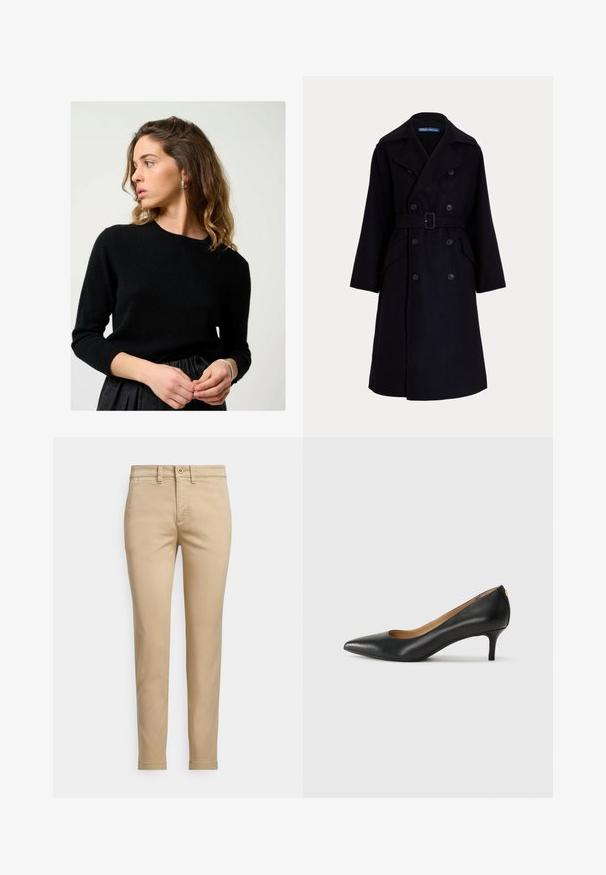 Dark navy wool double-breasted trench coat with wide lapels, long sleeves, side pockets, and a belt at the waist.; Black, knitted sweater with a round neckline and three-quarter sleeves, paired with a pleated black skirt. Smooth texture, form-fitting design.; Beige cotton chinos with a straight fit, featuring a button closure, front pockets, and stitched detailing along the seams.; Black leather pump with a pointed toe, low heel, and a smooth texture. Features a slight opening at the front and minimal hardware at the back.