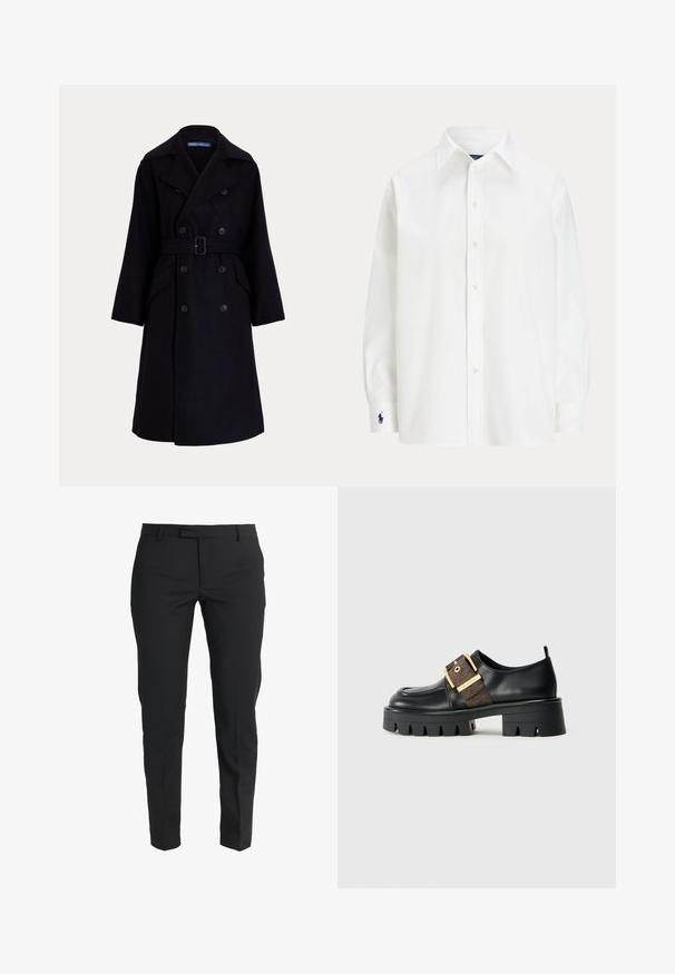 Dark navy wool double-breasted trench coat with wide lapels, long sleeves, side pockets, and a belt at the waist.; White button-up shirt with long sleeves, classic collar, and a small blue logo on the cuff. Smooth cotton fabric, structured fit.; Black tailored trousers made of smooth fabric, featuring a slim fit, straight legs, side pockets, and a flat front with a zip closure.; Black leather shoe with a chunky sole, featuring a gold buckle strap and a textured brown accent. Rounded toe and minimalistic design.