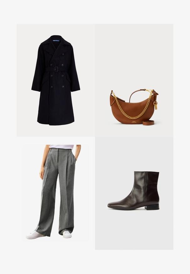 Sötét tengerészkék gyapjú, dupla gombolású trench coat széles hajtókákkal, hosszú ujjakkal, oldalsó zsebekkel és deréknál övvel.; Fehér, hosszú ujjas ing, klasszikus gallérral és egy kis kék logóval a mandzsettán. Simaságot adó pamut anyag, strukturált fazon.; Szürke csíkos, bő szárú nadrág, pliszírozott részletekkel, puha tapintással és oldalsó zsebekkel, fehér sportcipővel párosítva.; Barna bőr bokacsizma hegyes orral, sima textúrával, közepes sarkú és egyszerű kialakítású. Minimalista stílus díszítés nélkül.; Barna bőr kézi táska íves kialakítással, arany lánc pánttal, belső zsebbel és leválasztható vállpánttal. Kontrasztos varrás jellemzi.