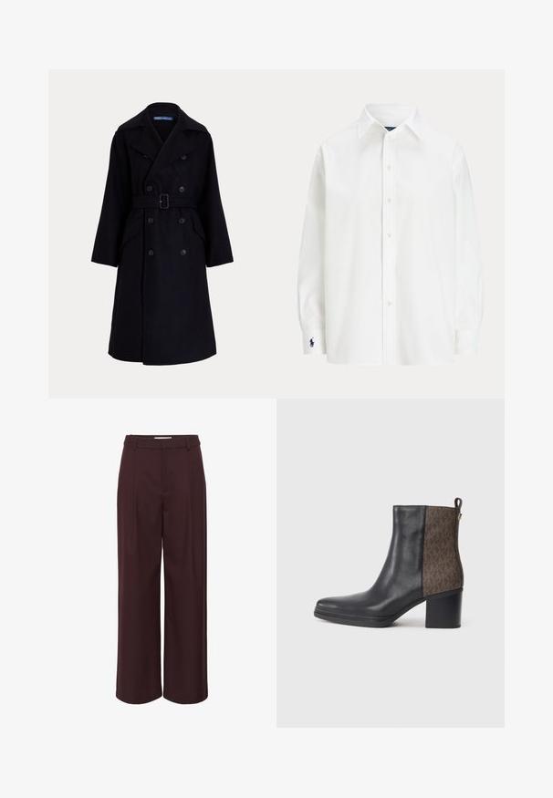 Tume mereva villase topeltkrõpsuga vihmamantel laia krae, pikkade varrukate, küljetaskute ja vööga talje juures.; Valge nupuga särk pikkade varrukatega, klassikalise kraega ja väikese sinise logoga mansetil. Sile puuvillane kangas, struktureeritud lõige.; Sügavast burgundist laiade jalgade püksid, valmistatud siledast kangast. Omab kõrget vööd koos voltide ja lihtsate vöörihmadega, et luua vormitud välimus.; Must musta ankle saapad, millel on külgedel tekstuurne pruun muster, plokknööp ja käepide, mis lihtsustab jalga panemist.