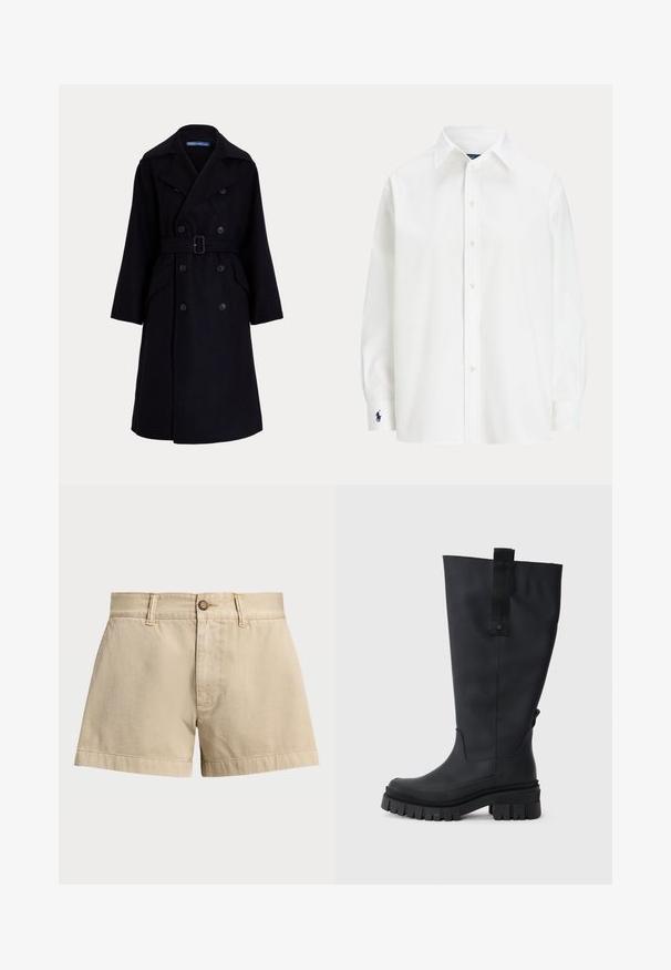 Palton dublu din lână galben închis, cu guler larg, mâneci lungi, buzunare laterale și un buncăre la talie.; Cămașă albă cu nasturi, mâneci lungi, guler clasic și un mic logo albastru pe manșetă. Material din bumbac fin, croială structurată.; Șorturi bej din bumbac cu talie plată, închidere cu buton în față și buzunare laterale; croială dreaptă cu oTextură netedă și margini tivite.; Cizme de cauciuc negre, până la genunchi, cu un singur talpă groasă, textură antiderapantă și o bandă din material la vârf pentru a îmbrăca ușor. Finisaj neted, mat.