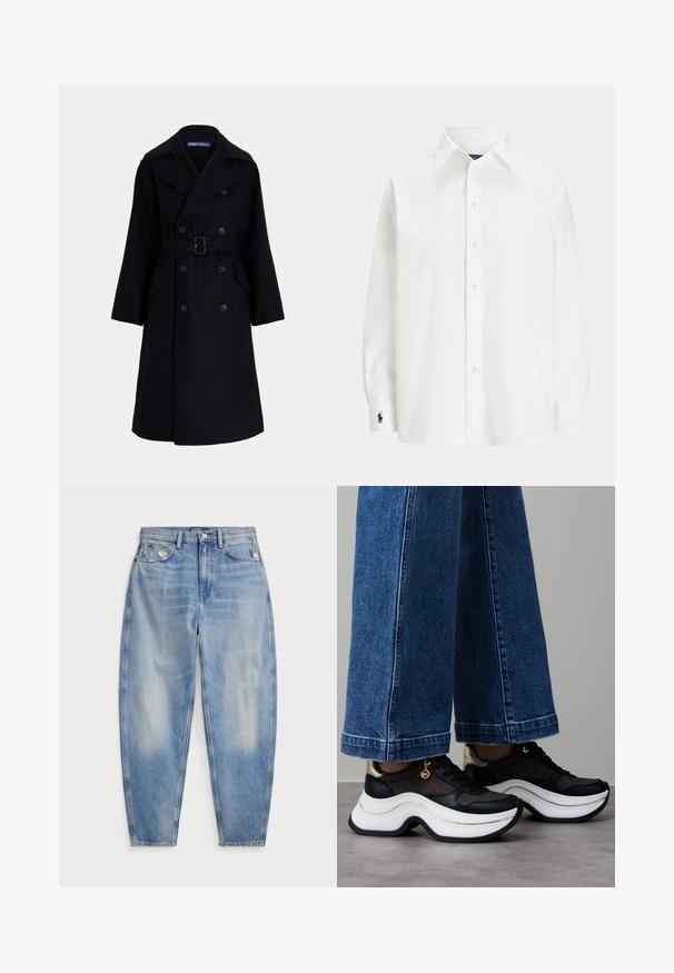 Tamsiai mėlynas vilnonis dvigubos sagos trenčkotis su plačiomis atlankomis, ilgomis rankovėmis, šoniniais kišenėmis ir diržu juosmeninėje dalyje.; Balta mygtukinėmarškinė su ilgomis rankovėmis, klasikinis apykaklė ir mažas mėlynas logotipas ant rankovės. Lygus medvilnės audinys, tvirtas prigludimas.; Šviesiai mėlynos kelnės su aukštu liemeniu, siaurėjančia koja, priekiniais ir galiniais kišenėmis, šiek tiek nudėvėjimo priekinėse kišenėse ir mygtuko užsegimu.; Juodi ir auksiniai sportbačiai su išlenktu balto padažo padu. Tekstūruotas audinys su logotipo akcentais. Derinami su plačiomis mėlynos spalvos džinso kelnėmis.