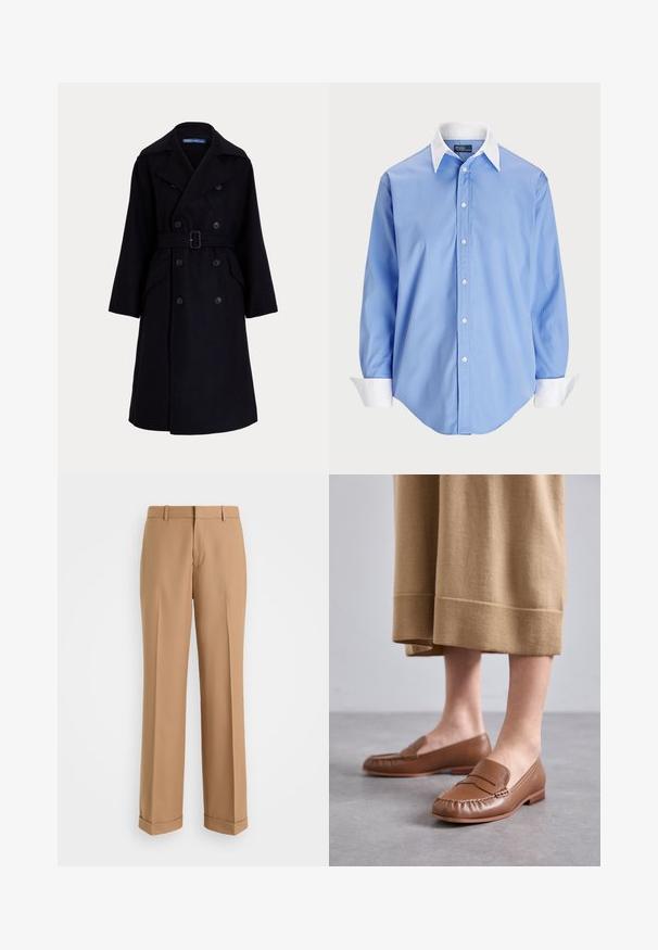 Tmavomodrý vlnený dvojradový trenčkot so širokými klopami, dlhými rukávmi, bočnými vreckami a opaskom v páse.; Svetlomodrá košeľa na gombíky s dlhými rukávmi a bielym kontrastným golierom. Má hladkú textúru a päť predných gombíkov.; Béžové nohavice na mieru so strihom rovného nohavic, vyrobené z mäkkej látky, s predným záhybom a zahnutými koncami.; MICHAEL Michael Kors CARLSON LOAFER - Našuchovačky - brown