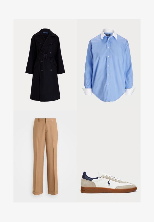 Palton dublu din lână galben închis, cu guler larg, mâneci lungi, buzunare laterale și un buncăre la talie.; Cămașă albastru deschis, cu mâneci lungi și guler alb în contrast. Prezintă o textură netedă și cinci butoane frontale.; Pantaloni bej cu croială ajustată, cu un design drept, confecționați dintr-un material moale, având un pliș frontal și manșete rulate la tiv.; Tenisi albi și bej cu un superior din suede și piele, accente navy și o talpă din cauciuc maro. Prezintă logo pe lateral și un design cu șireturi.