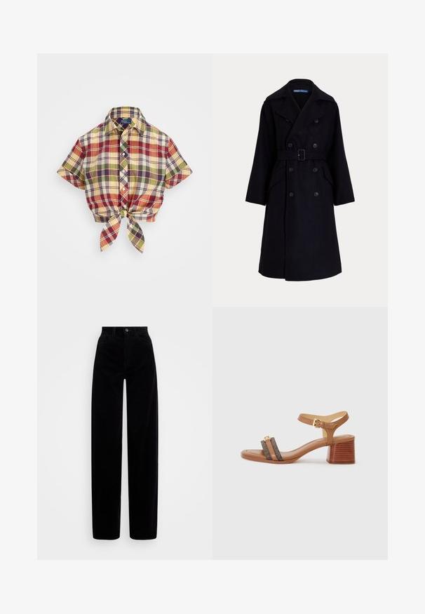 Σκούρο ναυτικό μπλε μάλλινο παλτό διπλής όψης με φαρδιές πέτες, μακριά μανίκια, πλαϊνές τσέπες και ζώνη στη μέση.; Κοντομάνικο πουκάμισο με καρό σχέδιο και κωδικό κουμπιού. Διαθέτει κόκκινες, κίτρινες, πράσινες και μπλε τετράγωνες γραμμές, και έχει κόμπο μπροστά στο κέντρο της μέσης. Κατασκευασμένο από βαμβακερό ύφασμα.; Μαύρα παντελόνια κοτλέ με ψηλή μέση, φαρδύ σχέδιο ποδιού και μία μπροστινή κουμπί. Λείο υλικό με κατακόρυφες ραβδώσεις.; Τα ντυμένα σανδάλια σε ταμπα απόχρωση έχουν τετράγωνη μύτη, δύο σκούρους καφέ ιμάντες και μια χρυσή αγκράφα. Διαθέτουν στιβαρή μπλοκ τακούνι και λείο δέρμα.