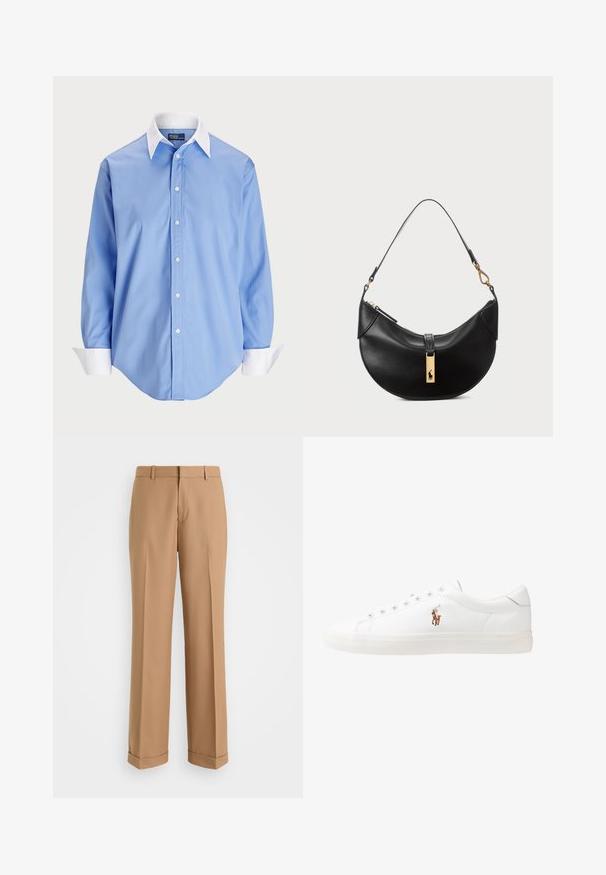 Dark navy wool double-breasted trench coat with wide lapels, long sleeves, side pockets, and a belt at the waist.; Light blue button-up shirt with long sleeves and a white contrasting collar. Features a smooth texture and five front buttons.; Beige tailored trousers with a straight-leg design, made of soft fabric, featuring a front crease and rolled cuffs at the hem.; White leather sneakers, low-top design, featuring a smooth texture, round toe, laced front, and a small embroidered logo on the side.; Black leather handbag in a half-moon shape. Features a gold hardware accent and a narrow strap. Smooth texture, zipper closure at the top.