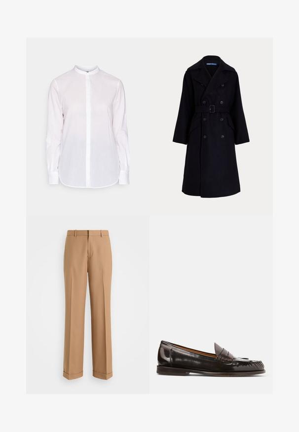 Donkerblauwe wollen double-breasted trenchcoat met brede revers, lange mouwen, zijzakken en een riem in de taille.; Witte longsleeve shirt met een Mandarin kraag, knoopsluiting aan de voorkant en een licht gebogen zoom. Gemaakt van lichtgewicht, gestructureerde stof.; Beige op maat gemaakte broek met een rechte pasvorm, gemaakt van zacht materiaal, met een voornaad en omgeslagen boorden aan de zoom.; Polo Ralph Lauren ASHTYN FRINGE TRIM CALFSKIN LOAFER - Instappers - ebano/tobacco