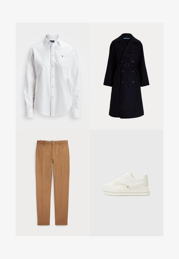 Σκούρο ναυτικό μπλε μάλλινο παλτό διπλής όψης με φαρδιές πέτες, μακριά μανίκια, πλαϊνές τσέπες και ζώνη στη μέση.; Λευκό πουκάμισο μακρύ μανίκι με κουμπιά από βαμβάκι, με κλασικό γιακά και ένα μικρό κεντητό λογότυπο στο στήθος.; Καφέ βαμβακερό παντελόνι με κομψή γραμμή, επίπεδο μπροστινό μέρος και κανονικές τσέπες; λεία υφή και ραμμένα μανίκια.; Λευκά αθλητικά παπούτσια με συνδυασμό λείων και υφασμάτινων υλικών, με διακριτό λογότυπο, σχέδιο με κορδόνια και ζιγκ-ζαγκ σόλα.