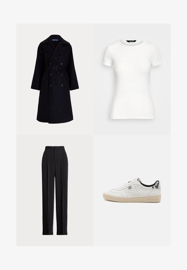 Temno modri volneni dvojnabočni plašč s širokimi reverji, dolgimi rokavi, stranskimi žepi in pasom okoli pasu.; Bela bombažna majica s kratkimi rokavi, okroglim ovratnikom, prilegajočim krojem in gladko teksturo. Oznaka logotipa na ovratniku.; Črne krojene hlače z visokim pasom, z naborki spredaj, ravnim krojem in manšetami na koncu. Narejene iz gladkega materiala.; Bela usnjena snežna obutev z perforiranimi detajli, črnimi in sivimi teksturiranimi poudarki ter bež gumijastim podplatom. Opremljena je z vezalkami in logotipom.