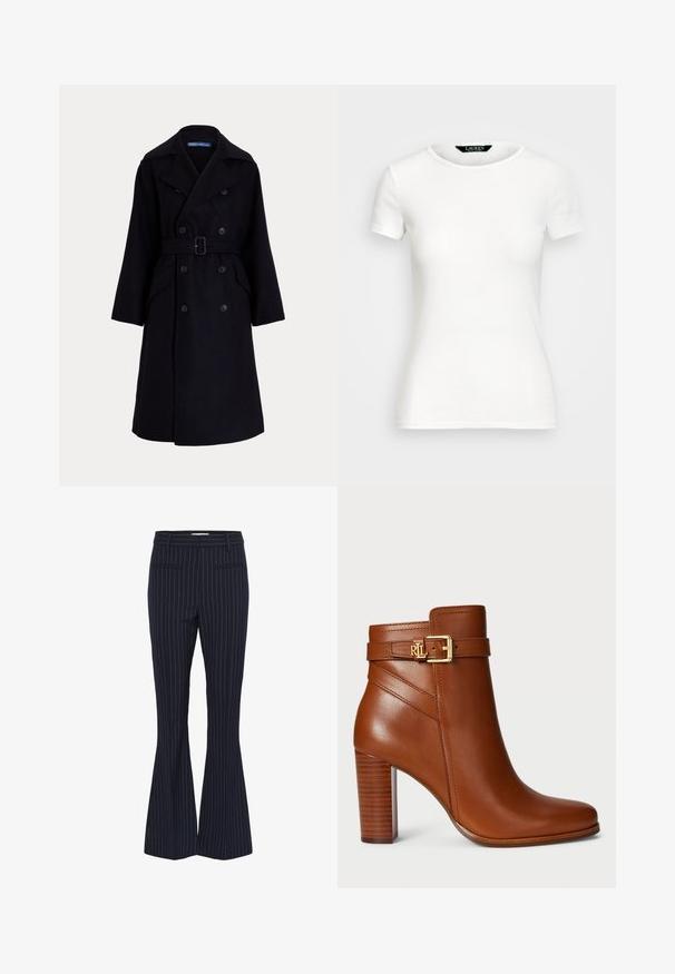 Tmavě námořnický vlněný dvouřadový trenčkot s širokými klopami, dlouhými rukávy, bočními kapsami a páskem v pase.; Bílý bavlněný tričko s krátkými rukávy, kulatým výstřihem, přiléhavým střihem a hladkým povrchem. Logo nášivka na výstřihu.; Námořnické pruhované zvonové kalhoty s dvěma předními kapsami, hřejivý střih a hladká, texturovaná tkanina. Akcentovány úzkými modrými pruhy.; Hnědé kožené kotníkové boty s kulatou špičkou, zlatou sponou na řemínku a texturovaným dřevěným podpatkem. Hladký povrch a elegantní design.