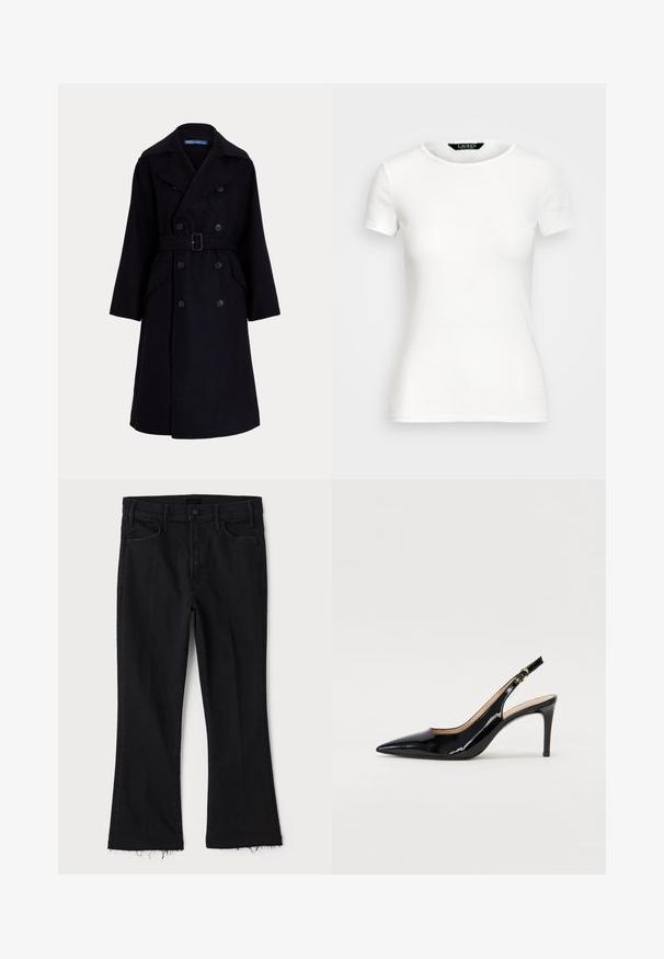 Dark navy wool double-breasted trench coat with wide lapels, long sleeves, side pockets, and a belt at the waist.; White cotton T-shirt with short sleeves, round neck, fitted design, and smooth texture. Logo tag at neckline.; Mother LIL HUSTLER FRAY - Bootcut jeans - black denim; Black patent leather slingback pump with pointed toe, slim heel, and a subtle cutout design. Features a gold buckle on the strap.