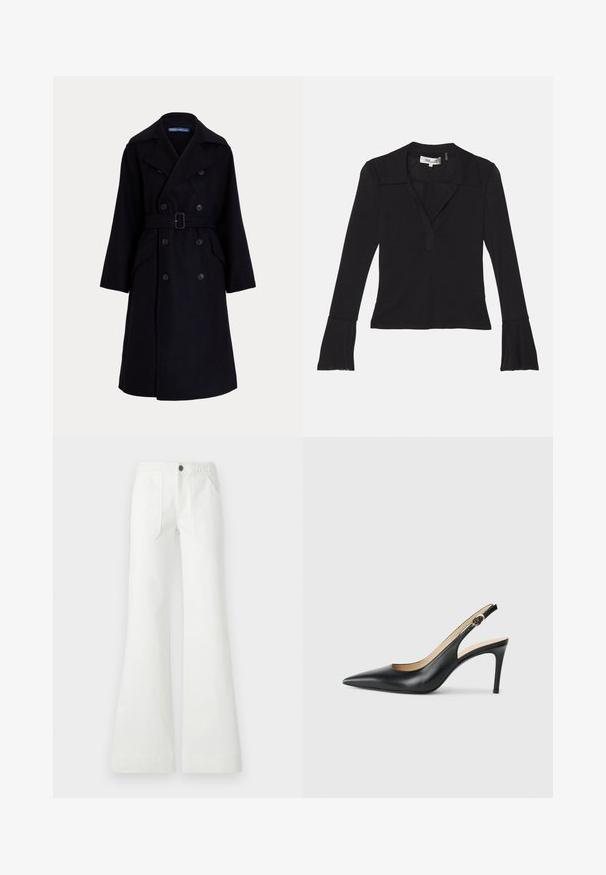 Tume mereva villase topeltkrõpsuga vihmamantel laia krae, pikkade varrukate, küljetaskute ja vööga talje juures.; Diane von Furstenberg MACKENZIE - Pikkade varrukatega topp - black; Valged laienevad püksid, mis on valmistatud kootud kangast, omavad punutud vööd, kahte esimest taskut ja siledat tekstuuri. Suletud musta nupuga.; Mustad nahast seljataga kõrged kontsad, kellel on terav varvas, reguleeritav rihm ja sujuva viimistlusega stiilne stiletto konts.