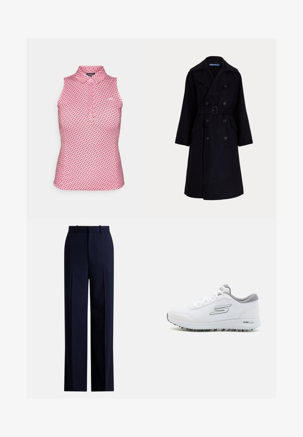 Tmavě námořnický vlněný dvouřadový trenčkot s širokými klopami, dlouhými rukávy, bočními kapsami a páskem v pase.; Růžový polo top bez rukávů se geometrickým vzorem. Má stojáček a čtvrtový zip v přední části. Hladká, lehká tkanina.; Tmavě modré kalhoty s přímým střihem, vybavené záhyby, poutky na pásek a hladkou texturou. Vyrobené z lehké látky.; Bílé sportovní boty s texturovaným síťovým svrškem, stříbrnými akcenty a lehkou podrážkou se začínajícími trakčními hroty, označené "ULTRA FLIGHT."