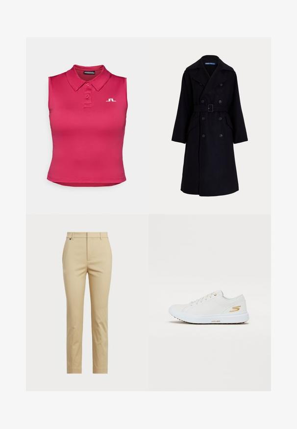 Tamsiai mėlynas vilnonis dvigubos sagos trenčkotis su plačiomis atlankomis, ilgomis rankovėmis, šoniniais kišenėmis ir diržu juosmeninėje dalyje.; Tinkantis, be rankovių polo marškinėliai ryškiai rožinės spalvos. Pagaminti iš lygios medžiagos, su klasikiniu apykakle, trimis mygtukais ir baltu logotipu.; Bežinės kelnės su tiesiomis kojomis. Pagamintos iš glotnaus audinio, turi standartinį juosmenį ir subtilius šonus siūlus.; Balti sportbačiai su lygiu sintetiniu viršumi, auksinėmis detalėmis ir tvirtu guminiu padu. Yra apvalus pirštas, raištelių dizainas ir paminkštinta vidinė dalis.