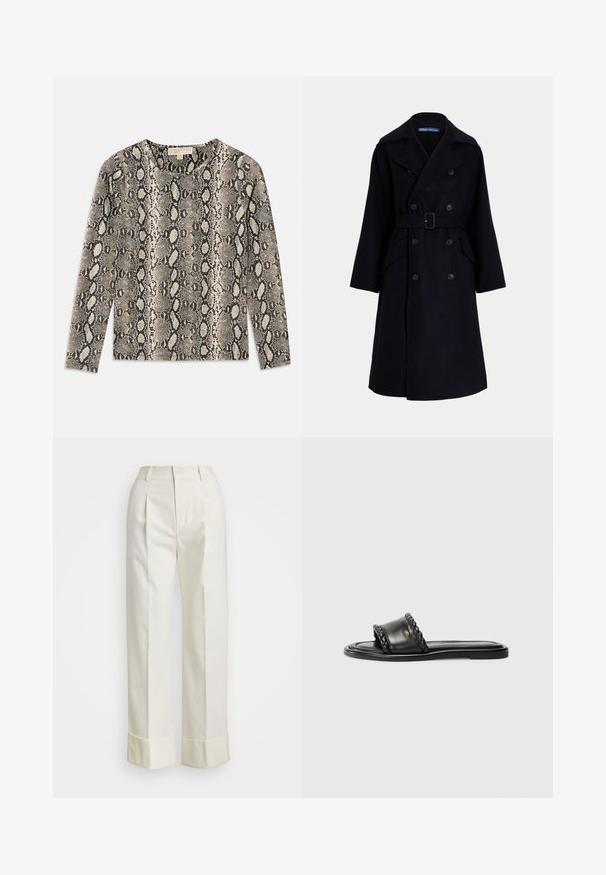 Tmavomodrý vlnený dvojradový trenčkot so širokými klopami, dlhými rukávmi, bočnými vreckami a opaskom v páse.; Dlhý rukáv, top s potlačou hadov v béžovej a čiernej farbe. Okrúhly výstrih a textilná tkanina s jemným povrchom.; Biele sako nohavice s vysokým pásom, dvojitými prednými záhybmi a širokými nohavicami s prehnutými manžetami. Vyrobené z hladkej, textúrovanej látky.; Čierne kožené sandále s tkaným remienkom, plochou podrážkou a elegantným dizajnom. Hladký povrch a minimalistický profil.